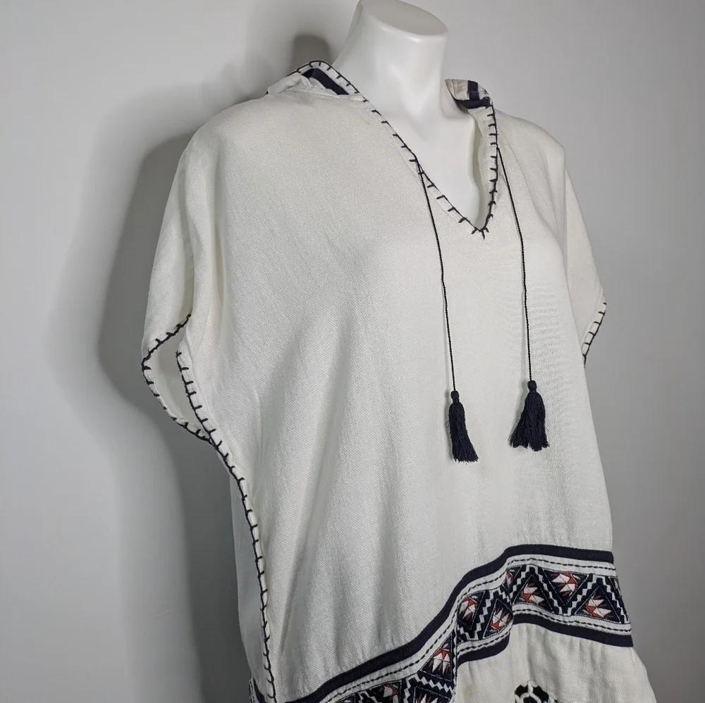 Tory Burch white blue orange tassel 100% cotton hooded cover up top XS/S